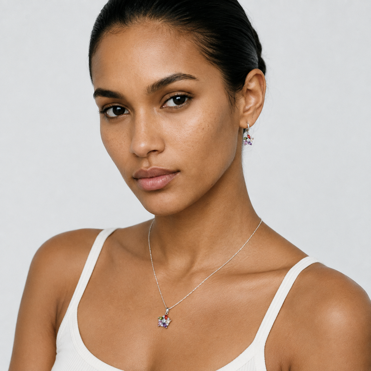 Ensemble parure en argent Collier & Boucles d'Oreilles Fleur Zircons Multicolores