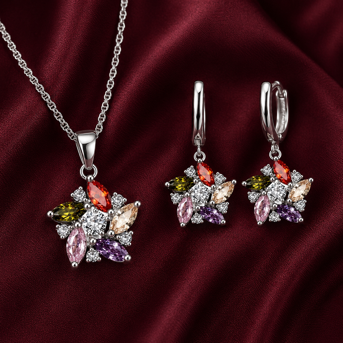 Ensemble parure en argent Collier & Boucles d'Oreilles Fleur Zircons Multicolores