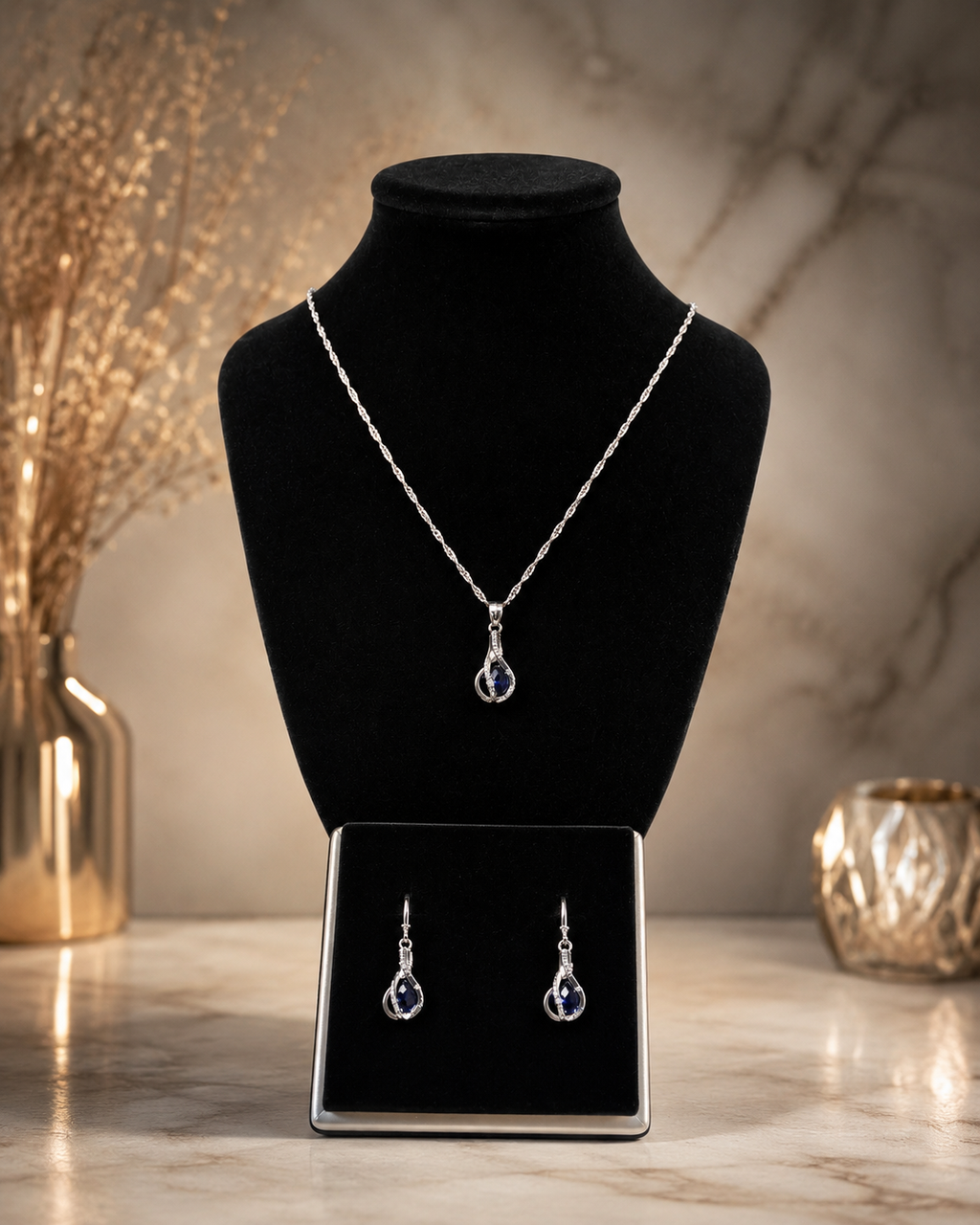 Ensemble parure Tourbillon Zircon Plaqué – Collier & Boucles d’Oreilles Argent 925