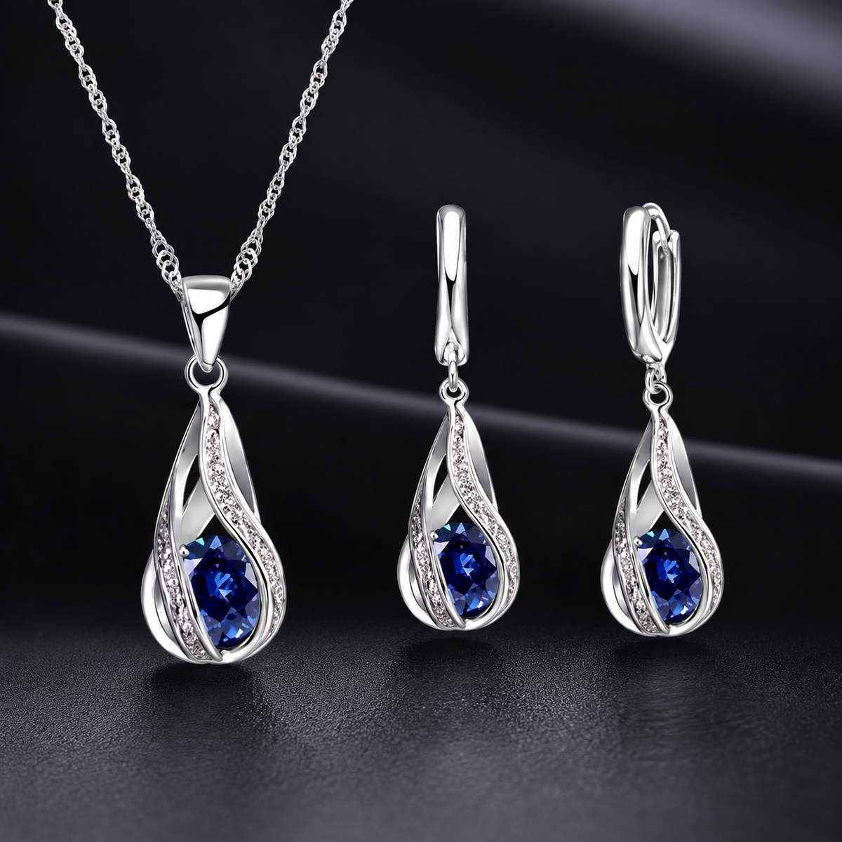 Ensemble parure Tourbillon Zircon Plaqué – Collier & Boucles d’Oreilles Argent 925