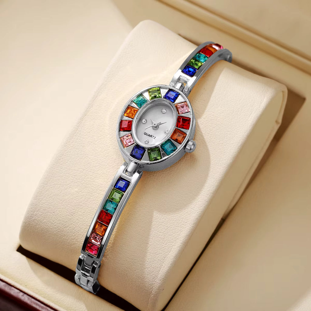Montre en acier inoxydable Femme Quartz – Cristaux Multicolores Or & Argent