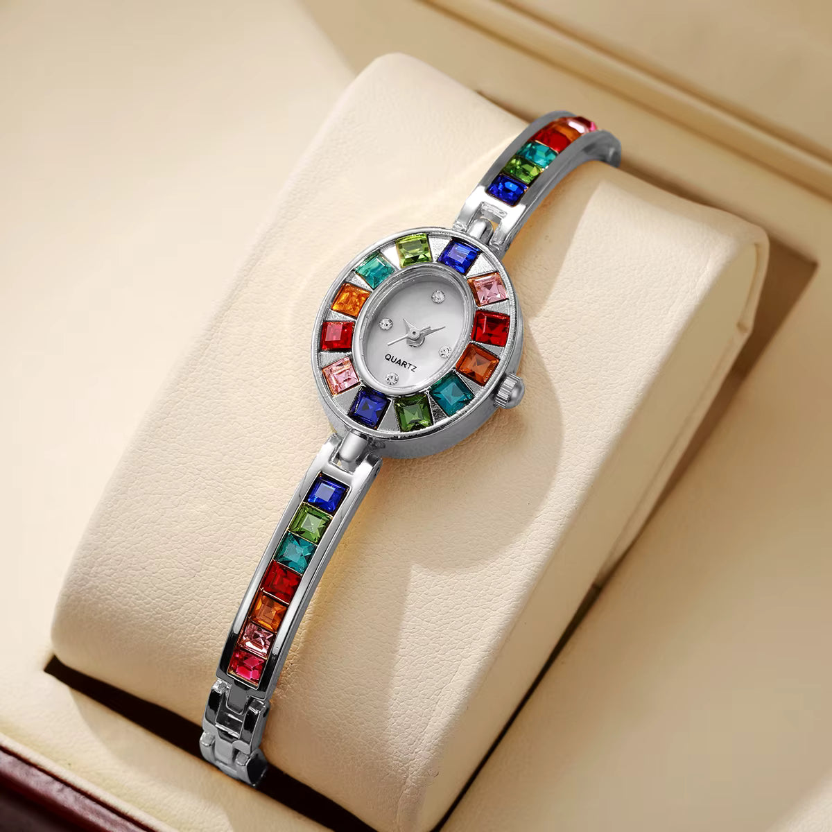 Montre en acier inoxydable Femme Quartz – Cristaux Multicolores Or & Argent