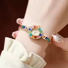 Montre en acier inoxydable Femme Quartz – Cristaux Multicolores Or & Argent
