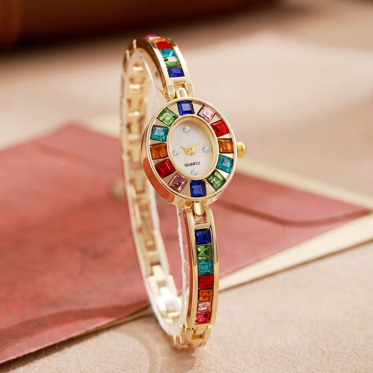 Montre en acier inoxydable Femme Quartz – Cristaux Multicolores Or & Argent