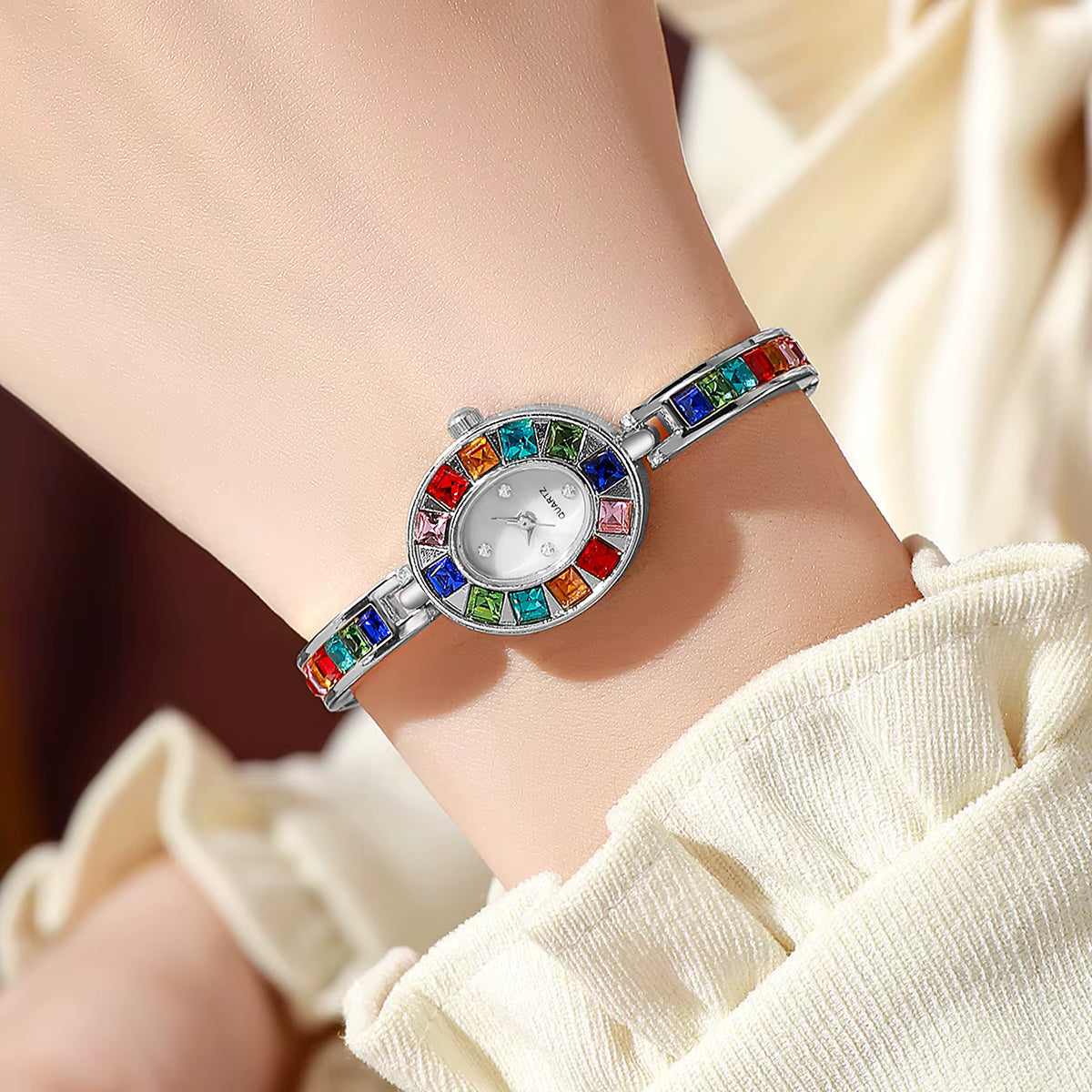 Montre en acier inoxydable Femme Quartz – Cristaux Multicolores Or & Argent