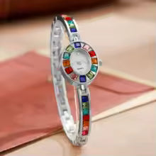 Montre en acier inoxydable Femme Quartz – Cristaux Multicolores Or & Argent
