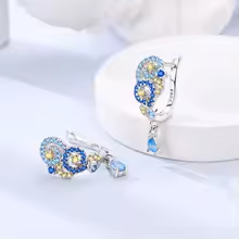 Boucles d'oreilles argent massif zirconium bleu et jaune design floral